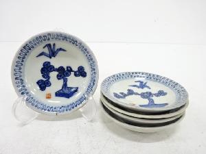 古伊万里　染付　盆栽に折り鶴　豆皿5客揃